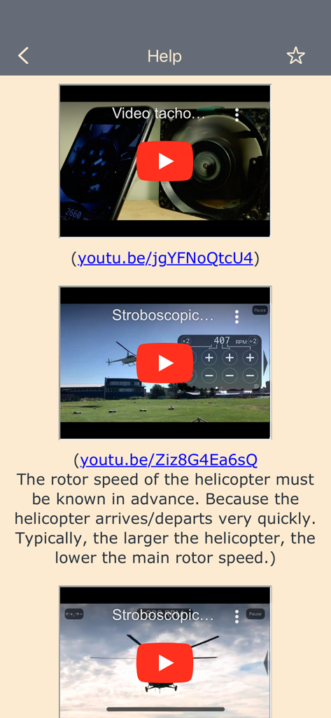 Video tachometer for business - Help screen with tutorial videos showing how to measure RPM for fans and helicopter rotors using the stroboscopic effect.