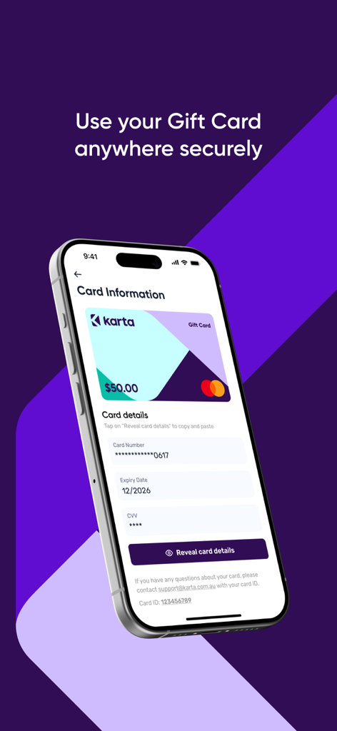 Karta Gift Cards - iPhone screen displaying the Karta app with digital gift card details including balance, expiry date, and a secure reveal button.