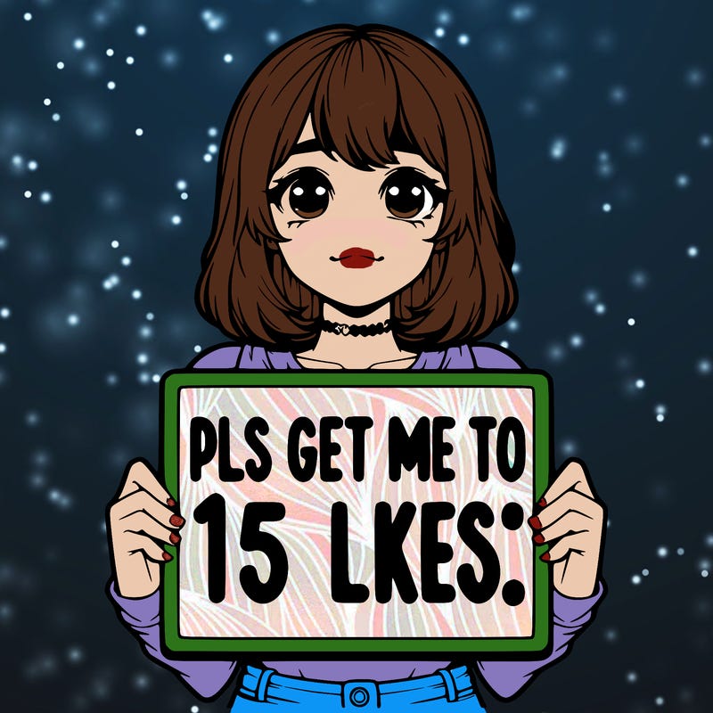 realistic girl holding up a sign that says “pls get me to 15 likes!”
