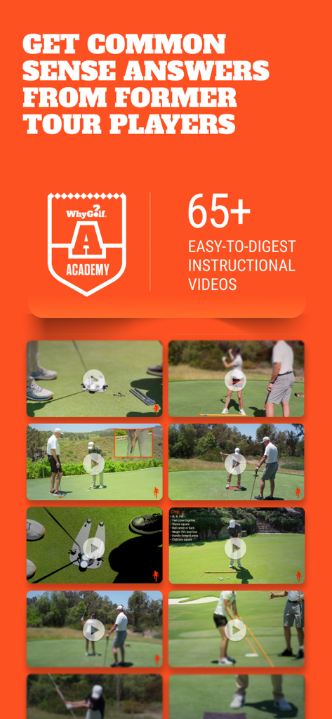 WhyGolf Academy-Bildschirm mit über 65 leicht verständlichen Lehrvideos von ehemaligen Tourspielern