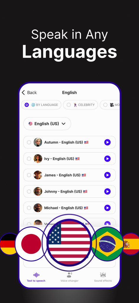 Speech Lab - Voicemod TTS - Speech Lab app interface showing a list of AI voices and multiple country flags representing different languages
