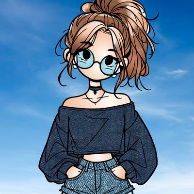 girl with a messy ponytail glasses a baggy crop top and jean shorts