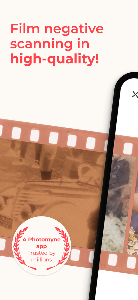 FilmBox by Photomyne - FilmBox app promotional screen showing high quality film negative scanning with a trusted by millions badge