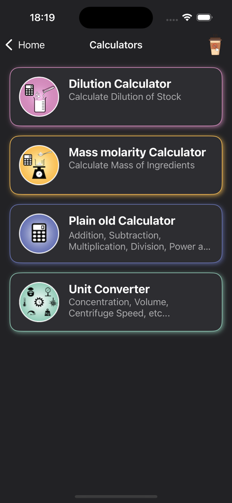 Lab.Hacks - Lab Hacks app screen displaying dilution and mass molarity calculators