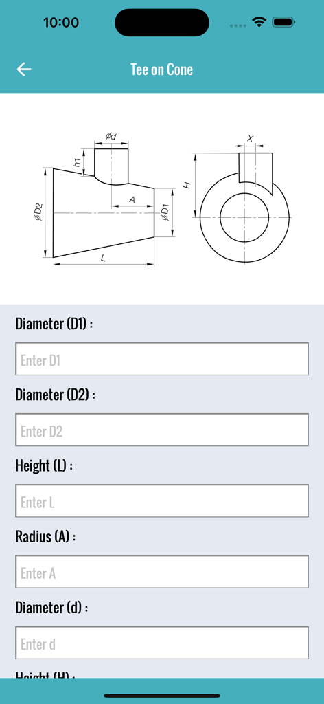 Flat Pattern Bend Calculator - Tee on cone calculation screen with technical diagram and input fields for diameters and height