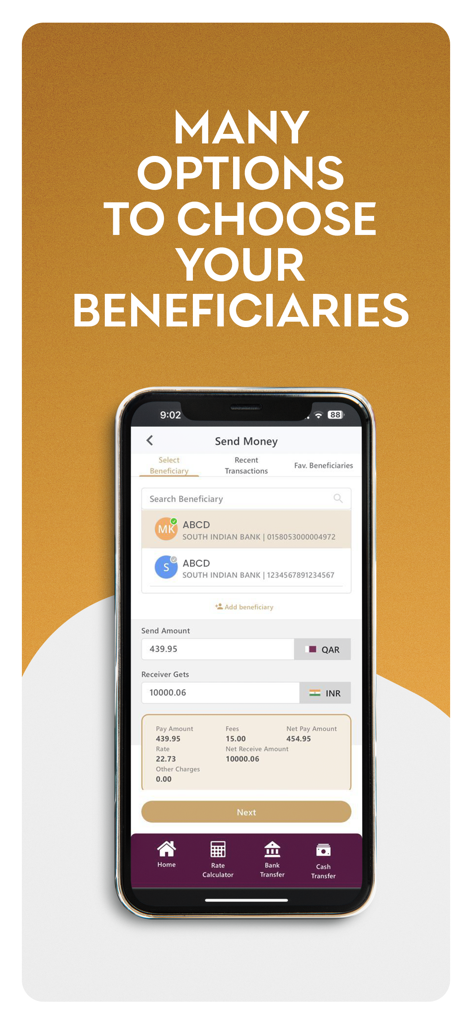 City Exchange Remit Online - Interface of City Exchange Remit Online app for selecting beneficiaries and calculating international money transfers.
