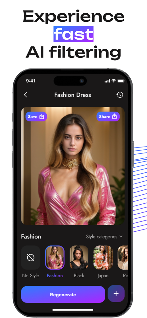 Avatarro - AI Art Avatar Maker - Avatarro app interface showing a fashion dress AI filter on a womans portrait
