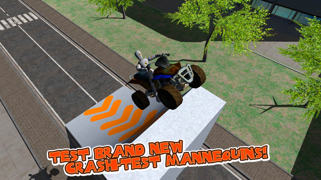 Turbo Crash Test Simulator 3D - A crash test mannequin on an ATV preparing for a stunt jump in a 3D simulation game