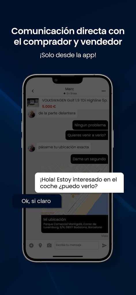 Coches.net app screenshot showing direct buyer and seller communication through in-app chat