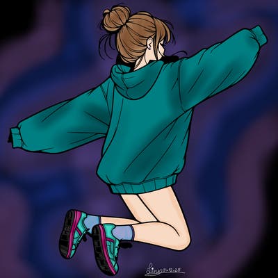 realistic girl jumping with a bun and oversized sweatshirt