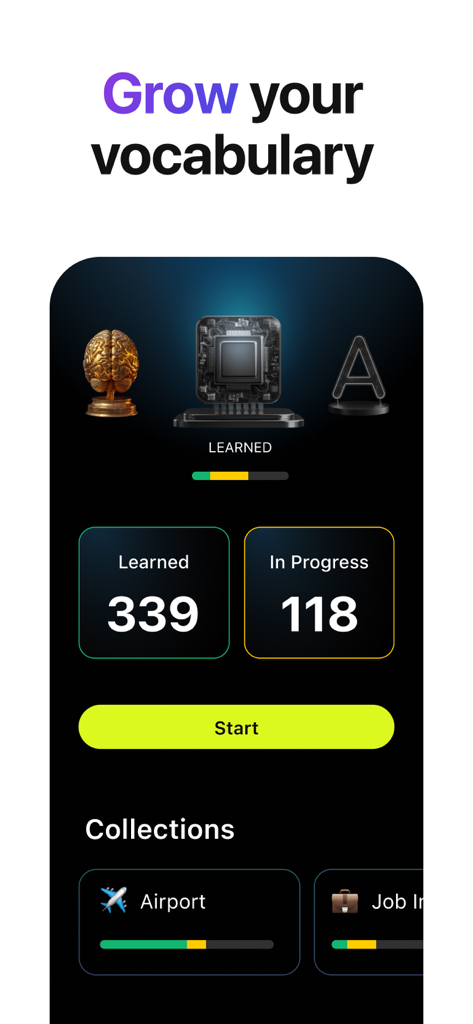 Lola Speak: English Practice - Lola Speak app dashboard showing progress in learning English vocabulary and specific lesson collections like Airport and Job Interview