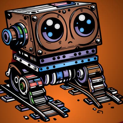 a scrap metal robot that has sort of rails as feet to move around, with big eyes, cute