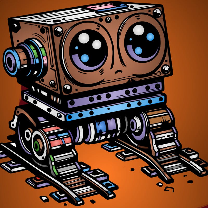 a scrap metal robot that has sort of rails as feet to move around, with big eyes, cute