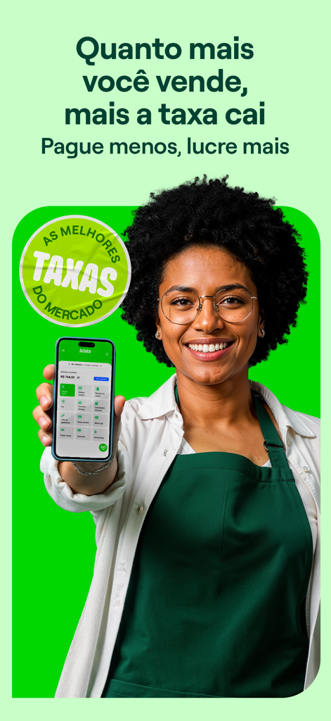 A smiling small business owner holding a smartphone displaying the Ton app dashboard with promotional text about low transaction fees