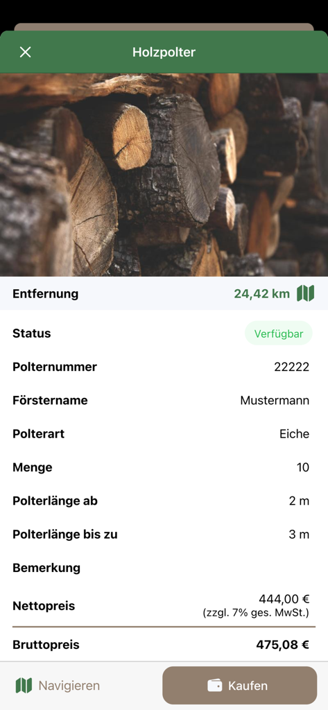 Brennholzfreunde - Firewood listing details showing wood type, quantity, and price in the Brennholzfreunde app
