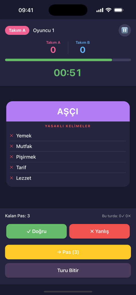 Tabu - Kelime Oyunu - Pantalla de juego de Tabu Kelime Oyunu que muestra una tarjeta de palabras con palabras prohibidas y un temporizador para una ronda de juego de fiesta.