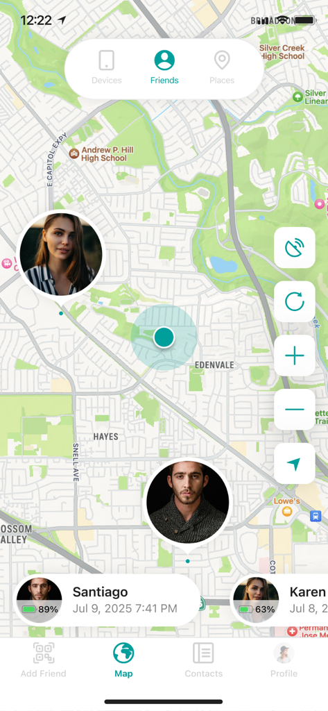 Find My Friends Phone - iMapp - Map view in iMapp showing real-time locations of family members and friends