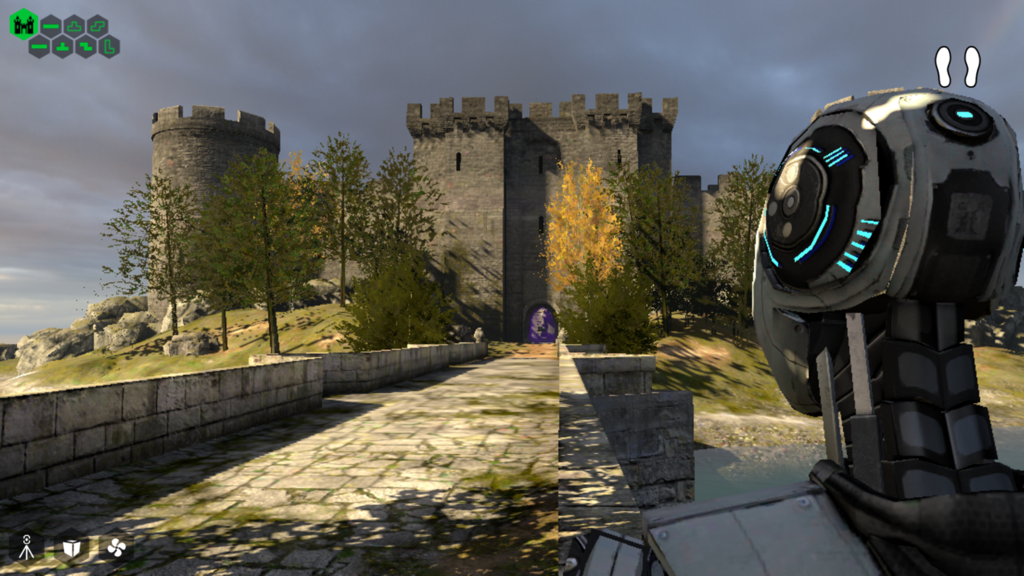 A robotic character stands on a stone bridge facing an ancient castle in The Talos Principle.