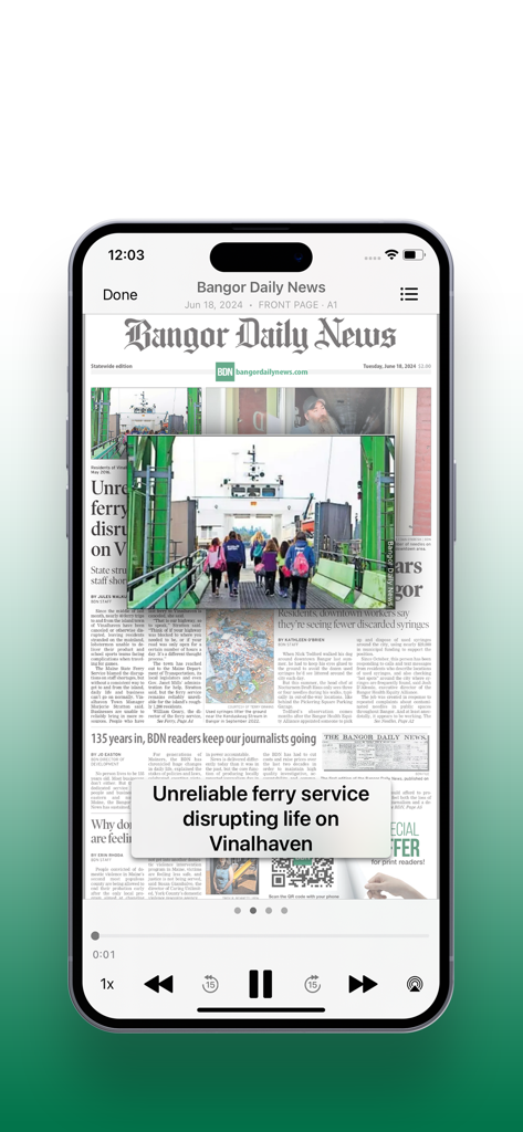 BDN e-edition - Digital replica of the Bangor Daily News newspaper on a mobile device showing a local news story about Vinalhaven ferry service.