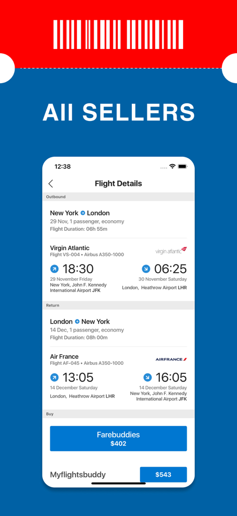 Plane & Airline Tickets - Mobile app screen showing flight details for a New York to London round trip with price comparison from multiple sellers.