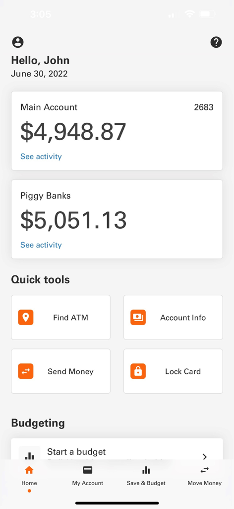 Pantalla de inicio de la app Money Network que muestra el saldo principal de la cuenta, ahorros en huchas y herramientas rápidas como encontrar cajero automático y bloquear tarjeta