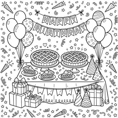 Bring a delicious birthday celebration to life with this charming coloring page, featuring delectable cherry pies as the star of the party. Filled with cheerful balloons, wrapped gifts, and festive confetti, it's perfect for anyone ready to add their splash of color to a joyful scene.