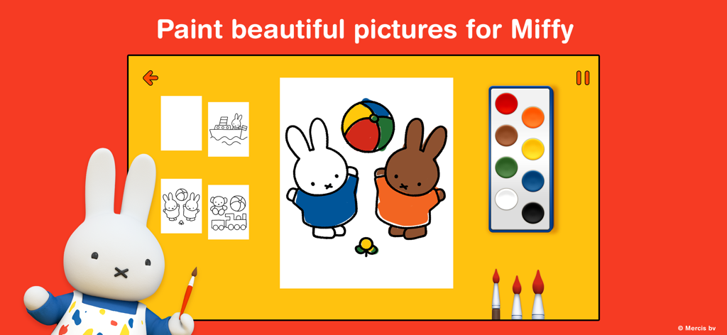 Miffy's World! - 미피 월드 앱에서 페인트 팔레트와 붓으로 미피 색칠하기 활동