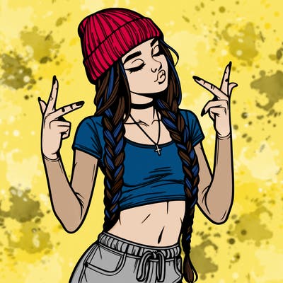 realistic teenage girl with braids and a beanie and crop top doing 🫶🏼