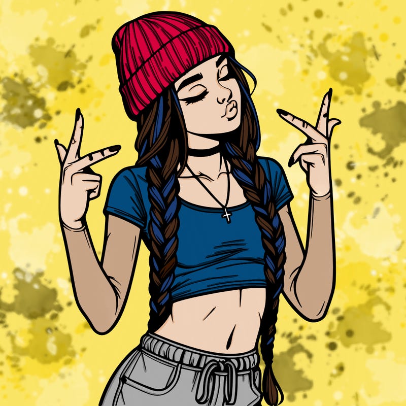 realistic teenage girl with braids and a beanie and crop top doing 🫶🏼