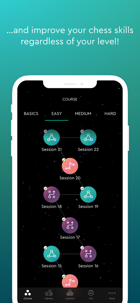 Magnus Trainer - Train Chess - Magnus Trainer app interface showing a gamified chess learning path with sessions and difficulty levels.