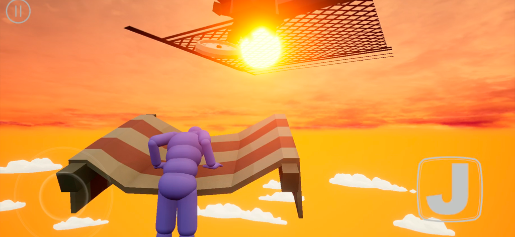 Ragdoll 3D - Parkour Adventure - A purple ragdoll character standing on a wavy floating platform during a sunset parkour challenge
