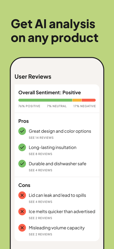 AI-generated summary of product pros and cons based on user reviews within the Vetted shopping app