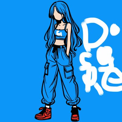 girl in baggy pants crop top and long hair