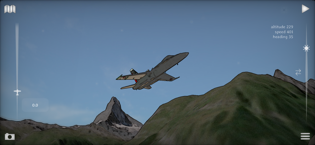 Swiss3D - Um jato voa sobre o Matterhorn no modo simulador de voo do Swiss3D com exibição de dados de voo