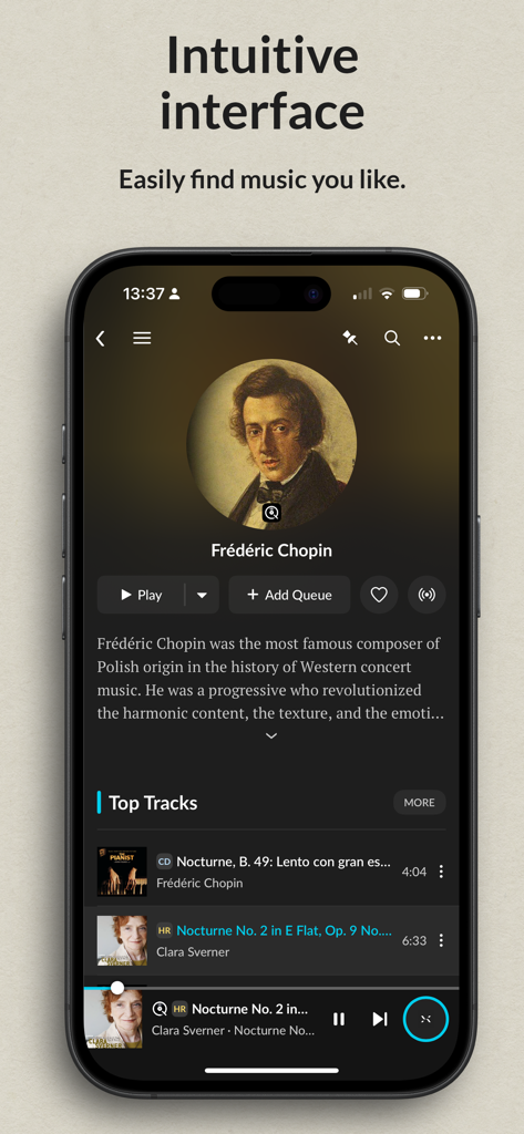 JPLAY - JPLAY app interface showing a classical music artist profile with high resolution audio tracks