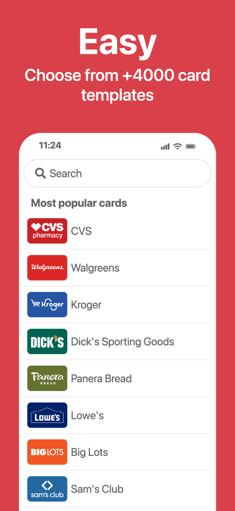 SuperCards app screen displaying a search bar and popular store loyalty card templates including CVS and Kroger