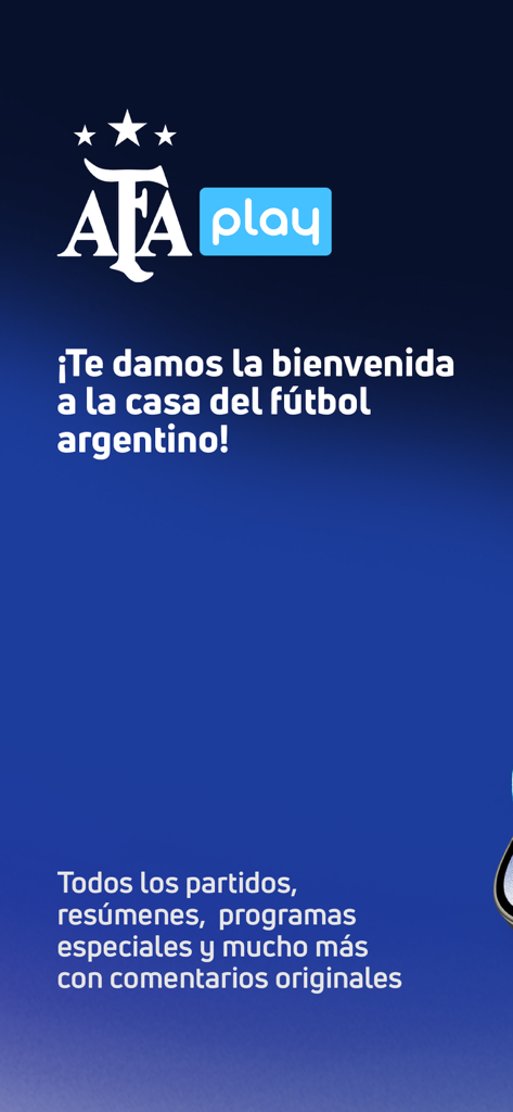 AFA Play app welcome screen featuring the official Argentinian soccer association logo with three stars and welcome message in Spanish