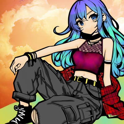 anime girl with a crop top and ripped jeans