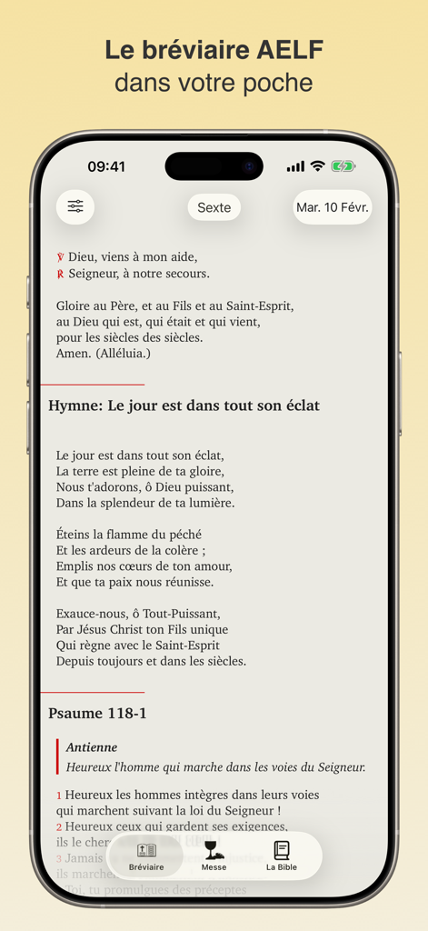 Aplicación del breviario católico francés que muestra textos litúrgicos diarios