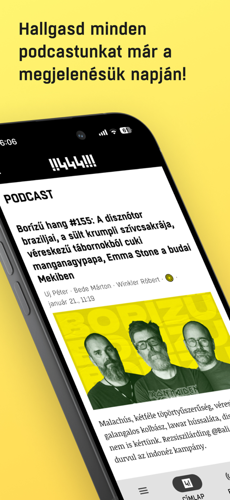 444.hu - Screenshot der mobilen 444.hu-App, der den Podcast-Bereich und ungarische Nachrichteninhalte zeigt.