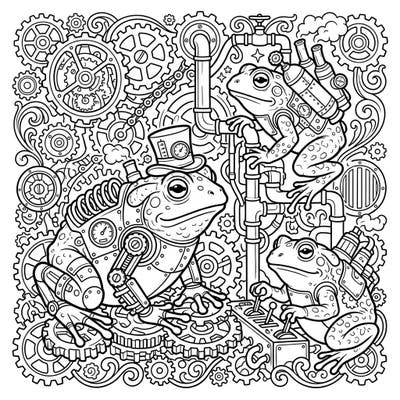 Embark on an epic coloring journey with these fascinating Steampunk Toads, fusing natural charm with intricate industrial designs. Discover a world of gears, gadgets, and amphibian adventure waiting for your creative touch.