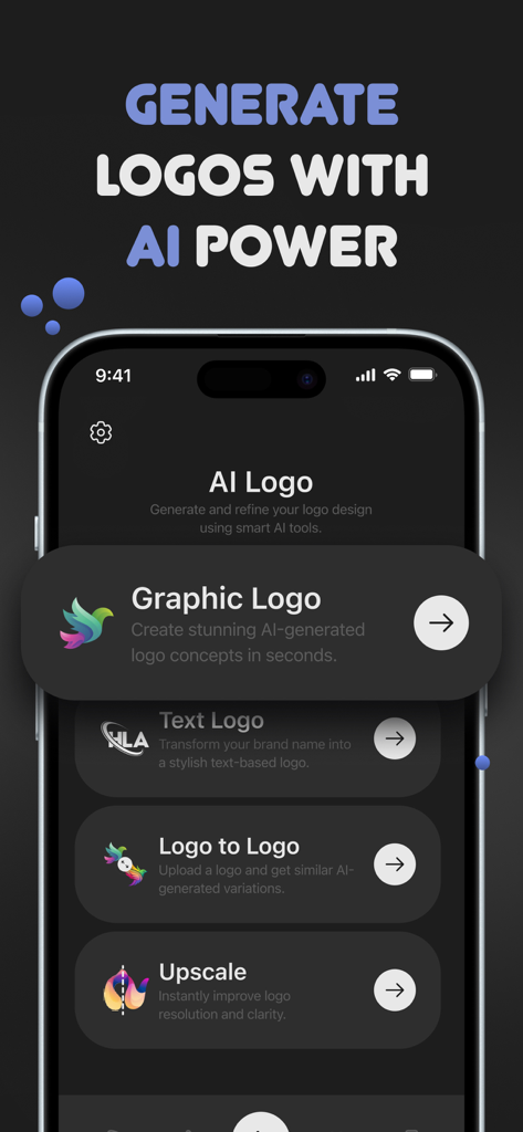 Logo Maker: Creator, Designer - A smartphone showing an app interface with AI tools to generate graphic logos, text logos, and upscale images.