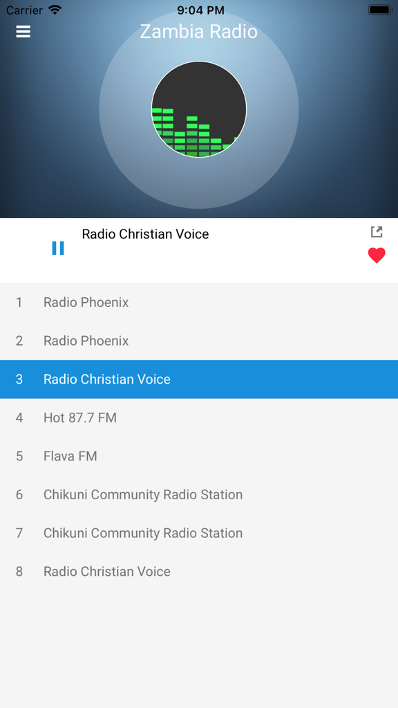 Zambia Radio Station FM Live - Interface of the Zambia Radio app featuring a list of FM stations with Radio Christian Voice selected.