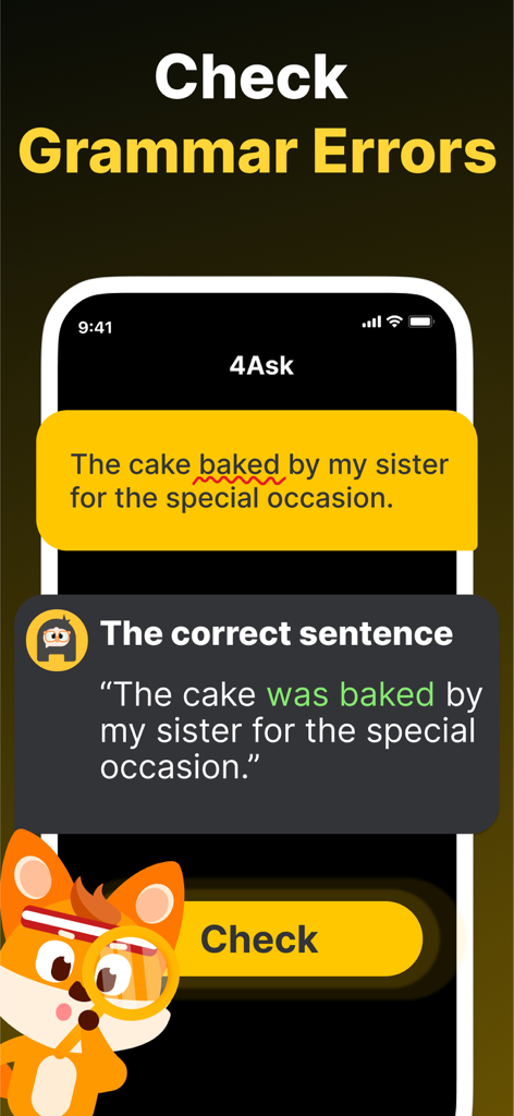 Screenshot of the 4Ask app interface demonstrating an AI grammar correction for an English sentence.