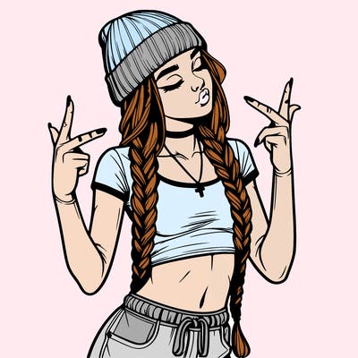 realistic teenage girl with braids and a beanie and crop top doing 🫶🏼