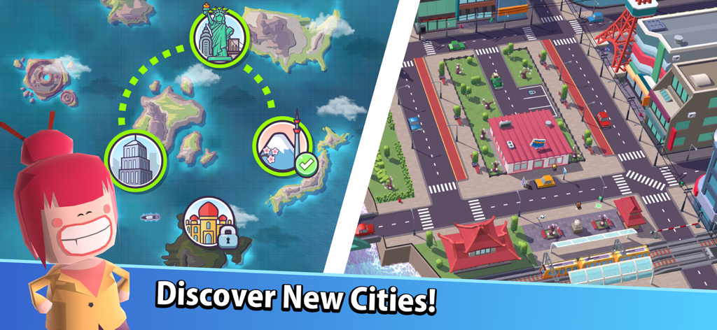 Mega Store: Supermarket Game - A world map showing unlockable locations like the USA and Japan alongside a top-down view of a city street in Mega Store Supermarket Game.
