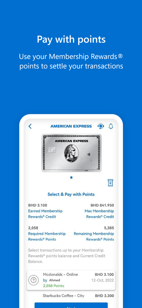 A mobile screen from the Amex MENA app showing the Pay with points feature for American Express Membership Rewards