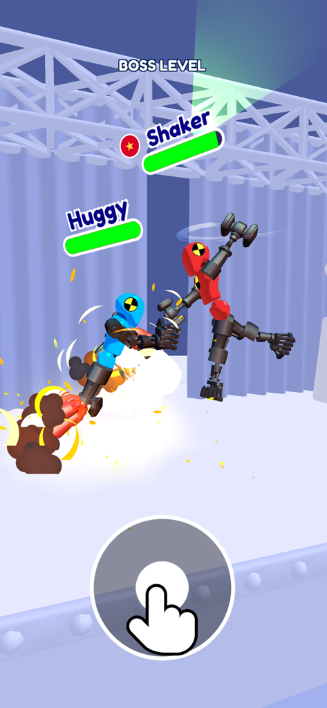 Merge Ragdoll Fighting - Zwei Ragdoll-Stickman-Kämpfer namens Huggy und Shaker kämpfen auf einer Boss-Level-Bühne