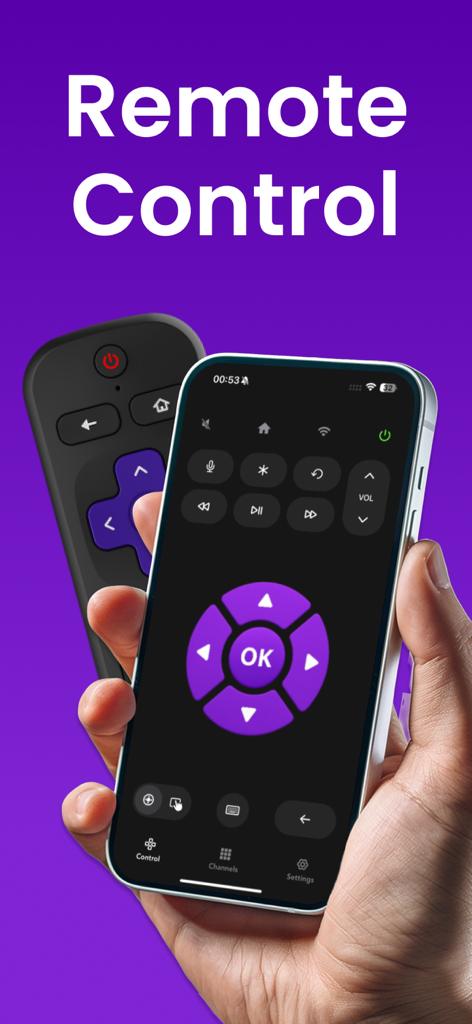 TV Remote for Roku · - Smartphone che mostra l'interfaccia dell'app Telecomando TV per Roku accanto a un telecomando fisico