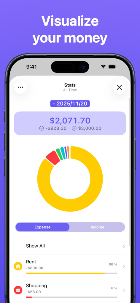 A donut chart visualizing spending categories and financial statistics on an iPhone